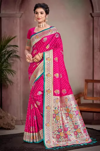 rani pink satin silk blend woven work traditional saree