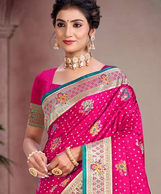 rani pink satin silk blend woven work traditional saree 2