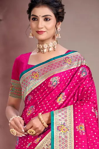 rani pink satin silk blend woven work traditional saree