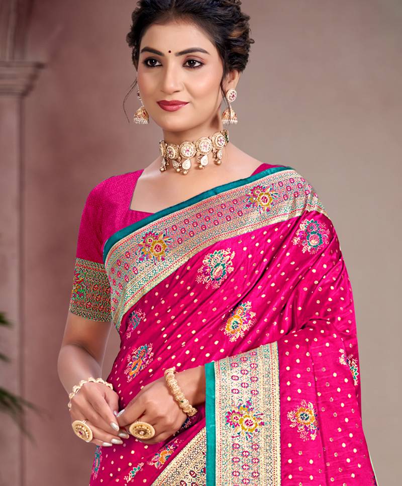 rani pink satin silk blend woven work traditional saree