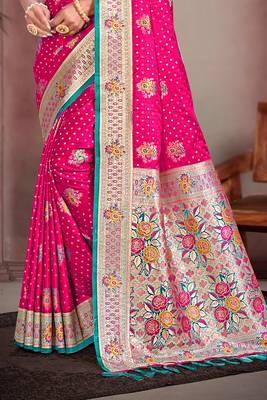 rani pink satin silk blend woven work traditional saree 3