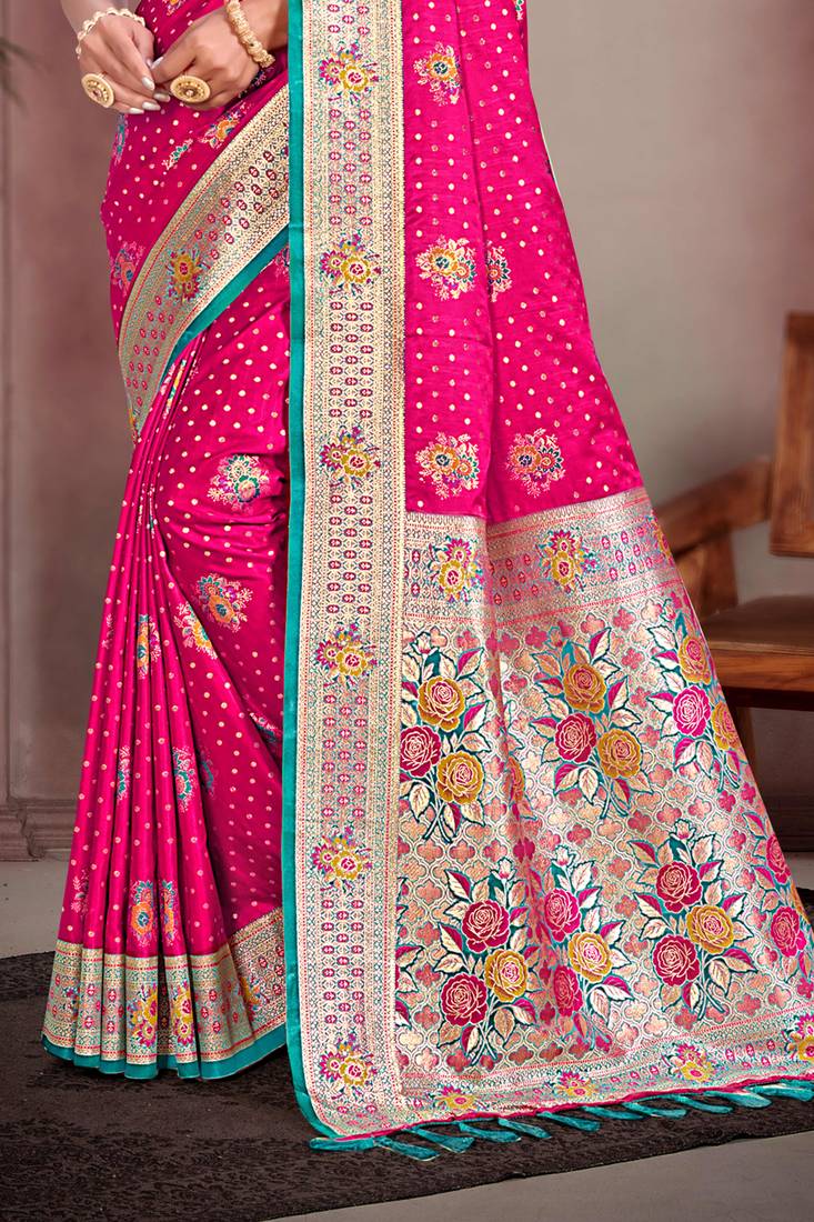rani pink satin silk blend woven work traditional saree