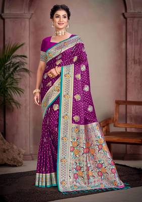 wine purple satin silk blend woven work traditional saree 1