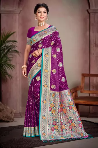 wine purple satin silk blend woven work traditional saree
