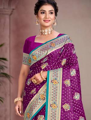 wine purple satin silk blend woven work traditional saree 2