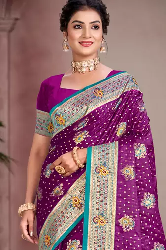 wine purple satin silk blend woven work traditional saree