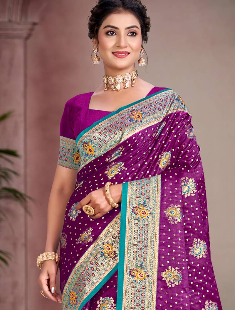 wine purple satin silk blend woven work traditional saree