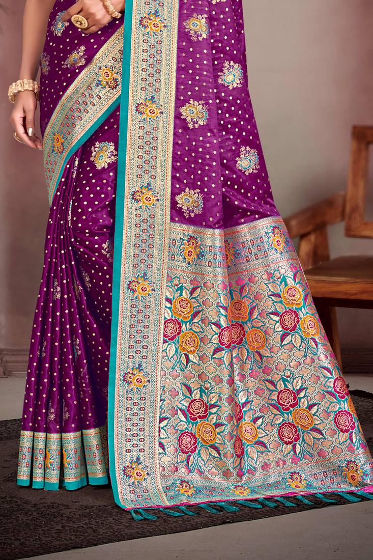 wine purple satin silk blend woven work traditional saree