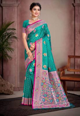 teal blue satin silk blend woven work traditional saree 1