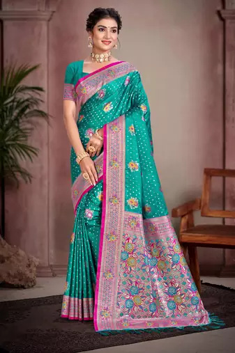 teal blue satin silk blend woven work traditional saree