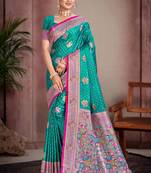 teal blue satin silk blend woven work traditional saree