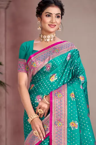 teal blue satin silk blend woven work traditional saree