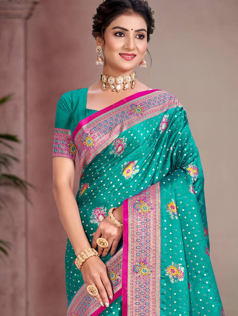 teal blue satin silk blend woven work traditional saree