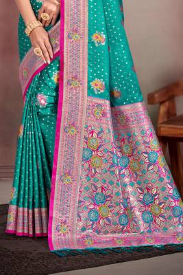 teal blue satin silk blend woven work traditional saree 3