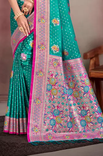 teal blue satin silk blend woven work traditional saree