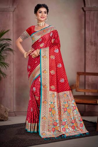 sindoor red satin silk blend woven work traditional saree