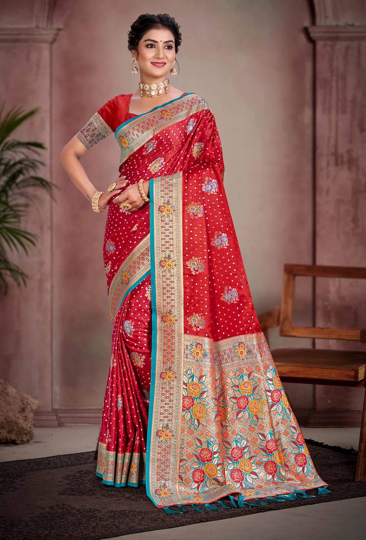 sindoor red satin silk blend woven work traditional saree