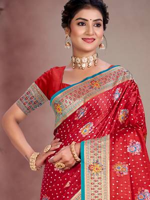 sindoor red satin silk blend woven work traditional saree 2