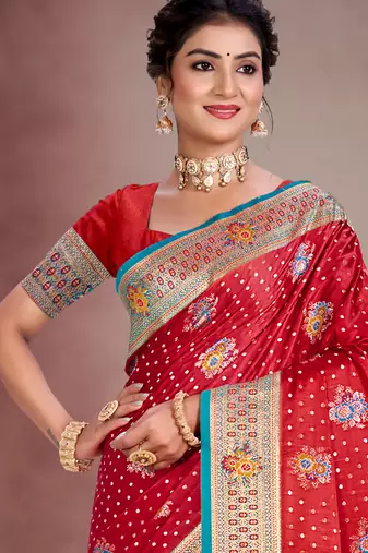 sindoor red satin silk blend woven work traditional saree