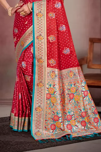 sindoor red satin silk blend woven work traditional saree