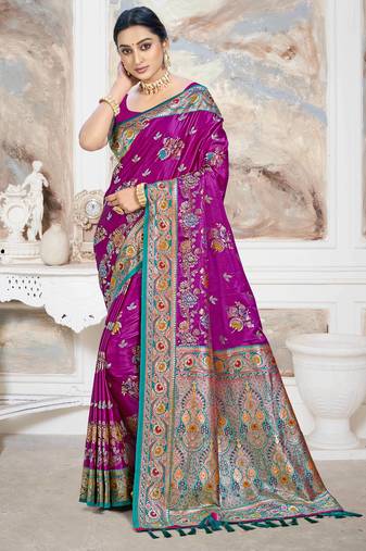 royal purple satin silk blend woven work traditional saree
