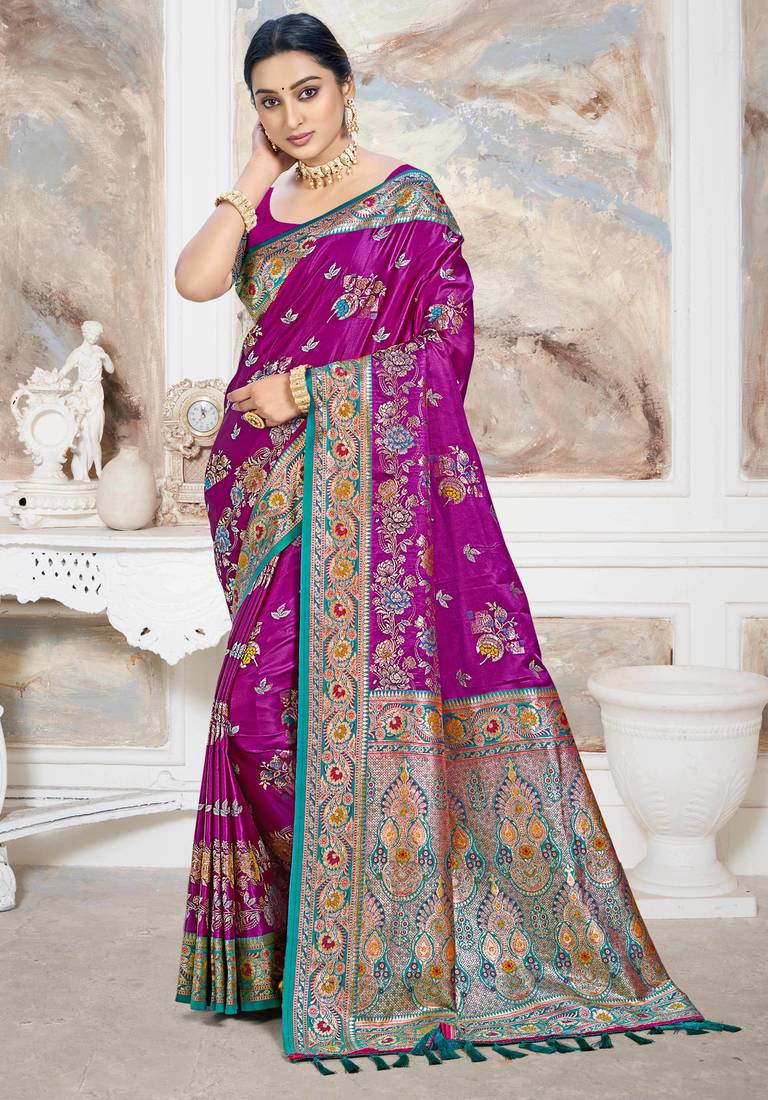 royal purple satin silk blend woven work traditional saree