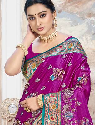 royal purple satin silk blend woven work traditional saree 2