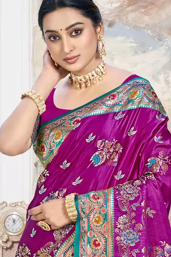 royal purple satin silk blend woven work traditional saree