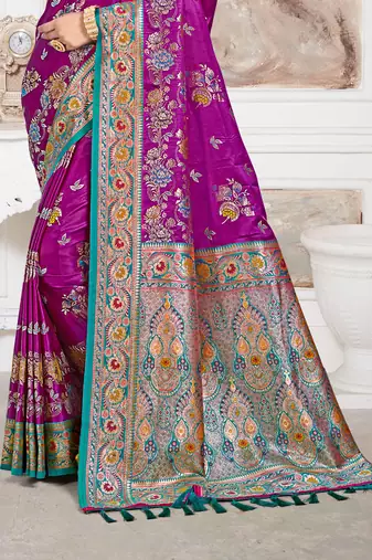 royal purple satin silk blend woven work traditional saree