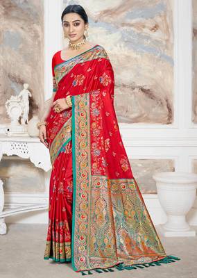 crimson red satin silk blend woven work traditional saree 1