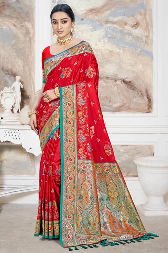 crimson red satin silk blend woven work traditional saree