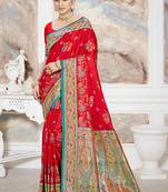 crimson red satin silk blend woven work traditional saree
