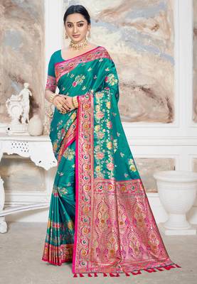 teal green satin silk blend woven work traditional saree 1