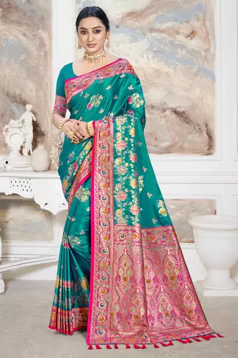 teal green satin silk blend woven work traditional saree