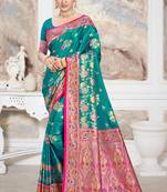 teal green satin silk blend woven work traditional saree