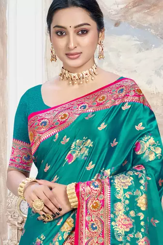 teal green satin silk blend woven work traditional saree