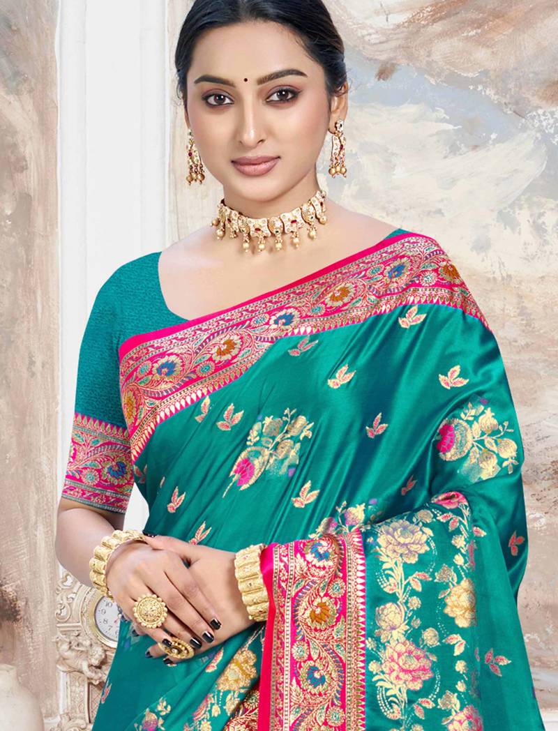 teal green satin silk blend woven work traditional saree
