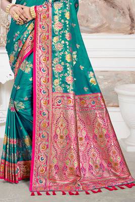 teal green satin silk blend woven work traditional saree 3