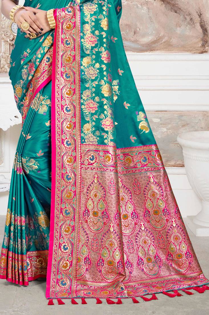 teal green satin silk blend woven work traditional saree