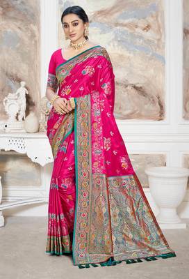 rani pink satin silk blend woven work traditional saree 1