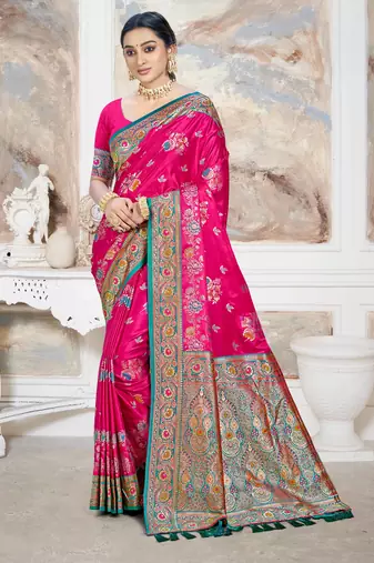 rani pink satin silk blend woven work traditional saree