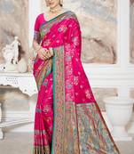 rani pink satin silk blend woven work traditional saree