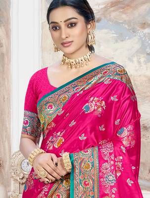 rani pink satin silk blend woven work traditional saree 2