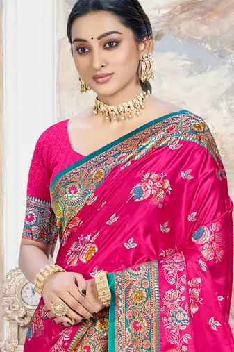 rani pink satin silk blend woven work traditional saree