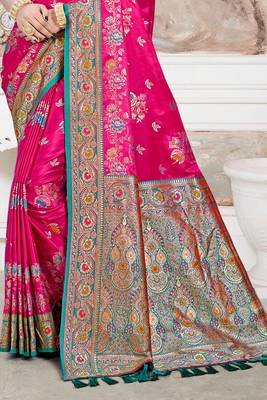 rani pink satin silk blend woven work traditional saree 3