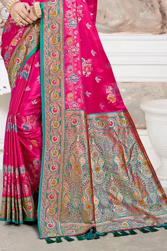 rani pink satin silk blend woven work traditional saree