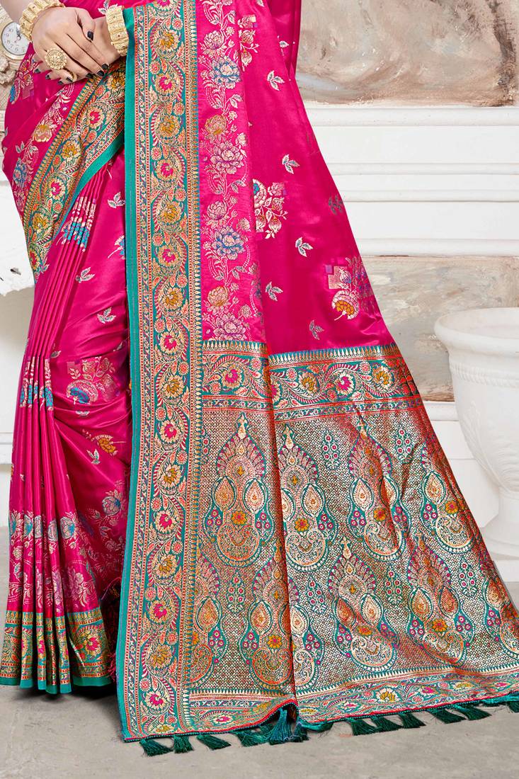 rani pink satin silk blend woven work traditional saree