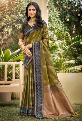 green soft silk blend woven work traditional saree 1