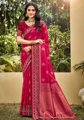 pink soft silk blend woven work traditional saree 1