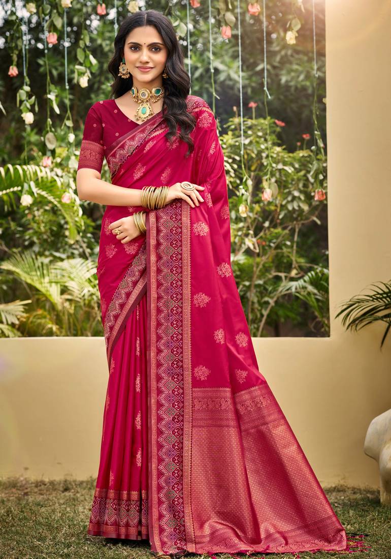 pink soft silk blend woven work traditional saree